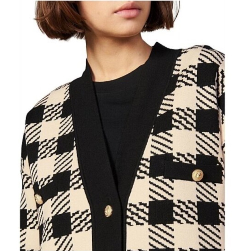 SANDRO Jisou Checked Oversized Plaid Cardigan Tan Gold Size 3 L/ XL - Picture 9 of 9